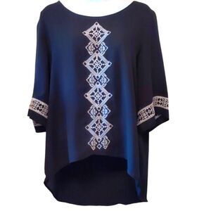 EXHILARATION Dressy Semi-Sheer Navy Embroidered Boho Bi-Level Hem 3/4 Sleeve…